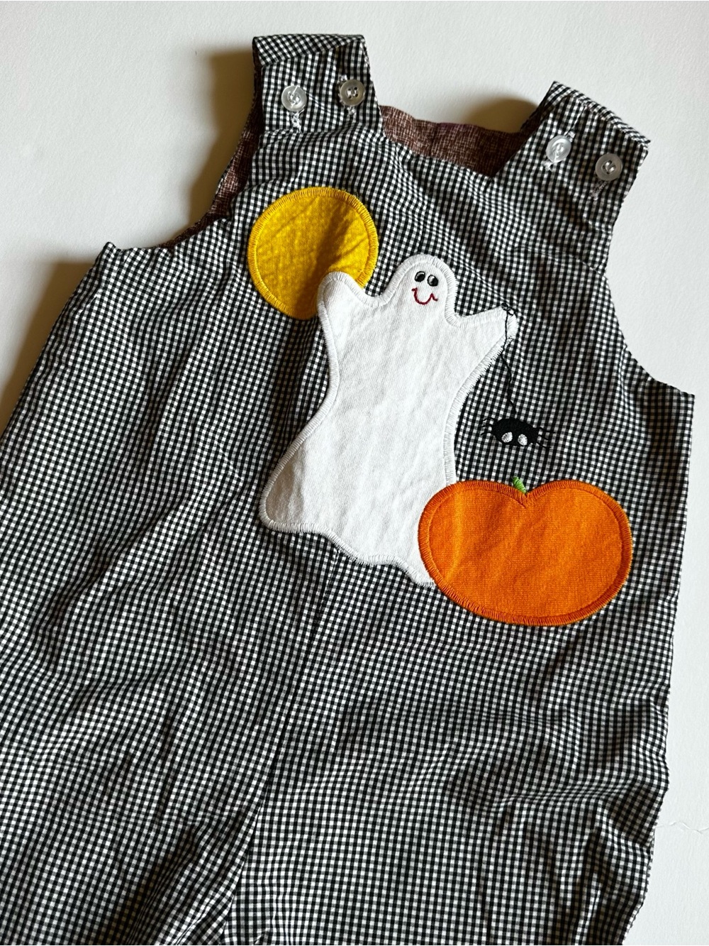 Kids Black Gingham Halloween Overalls with White Ghost & Orange Pumpkin